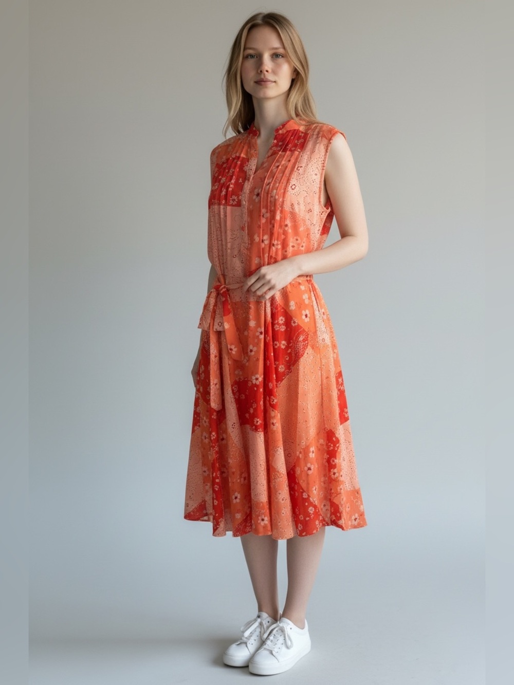 3/$30☀️ Nanette Leopore Sleeveless Patchwork Floral Midi Dress in Coral & Orange